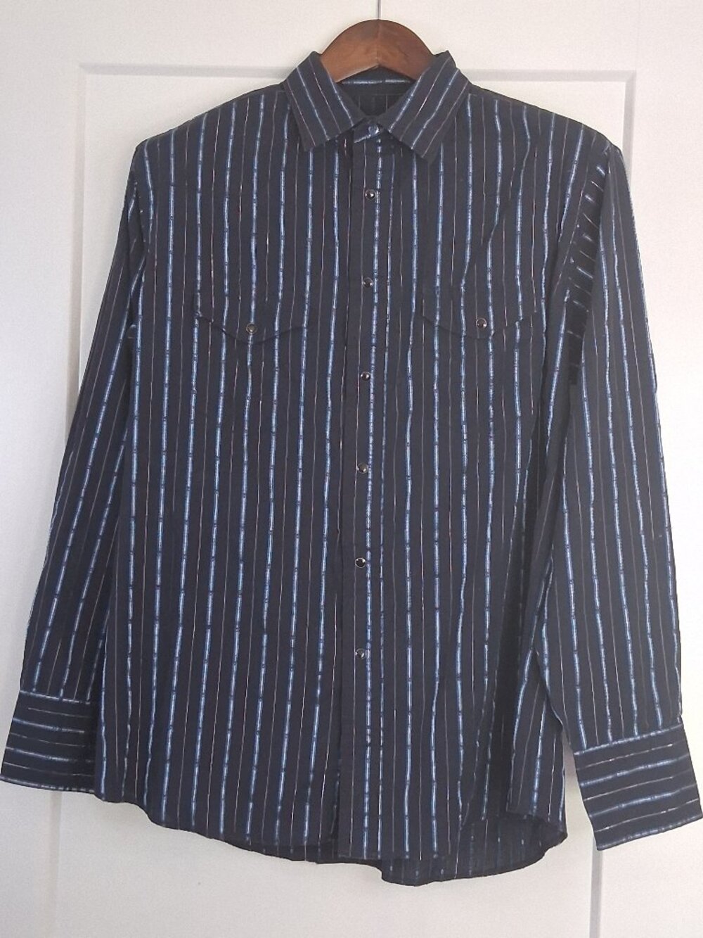 Wrangler Authentic Western Shirt Men L Black Blue Woven Stripe Pearl Snap Cowboy